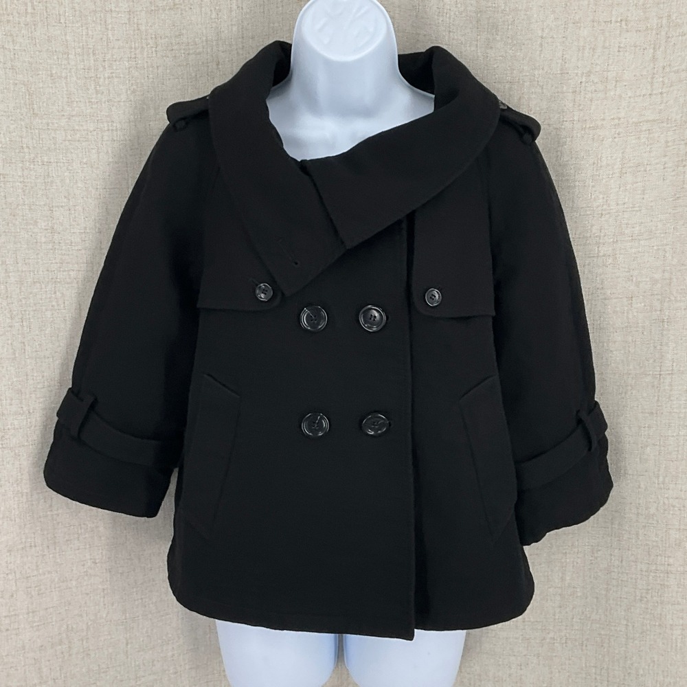 Ann Taylor LOFT Peacoat Women M Black Cotton Double Breasted Classic Preppy‎